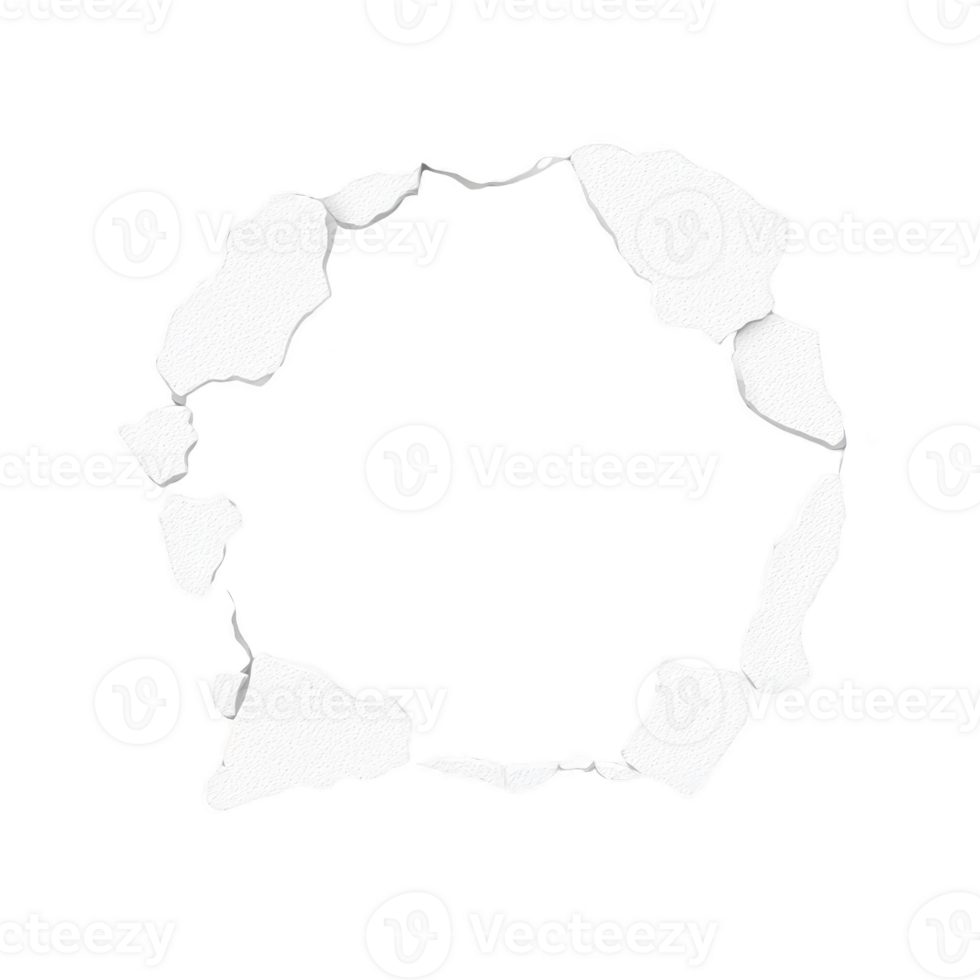 Circular hole with jagged edges appears in transparency background, resembling torn paper or broken surface. contrast between white torn edges and transparency background creates dramatic effect png
