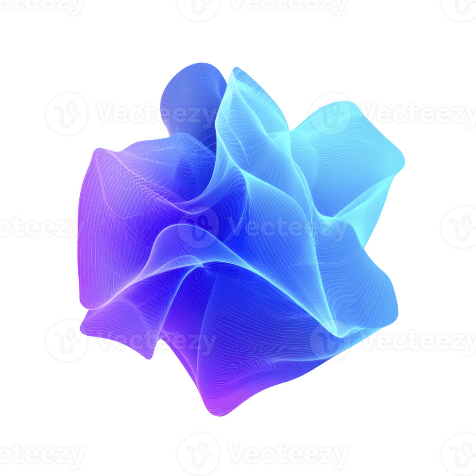 Vibrant, abstract 3D wave pattern in shades of blue and purple creates dynamic and fluid visual effect. smooth, flowing lines and gradient colors evoke sense of movement and energy png