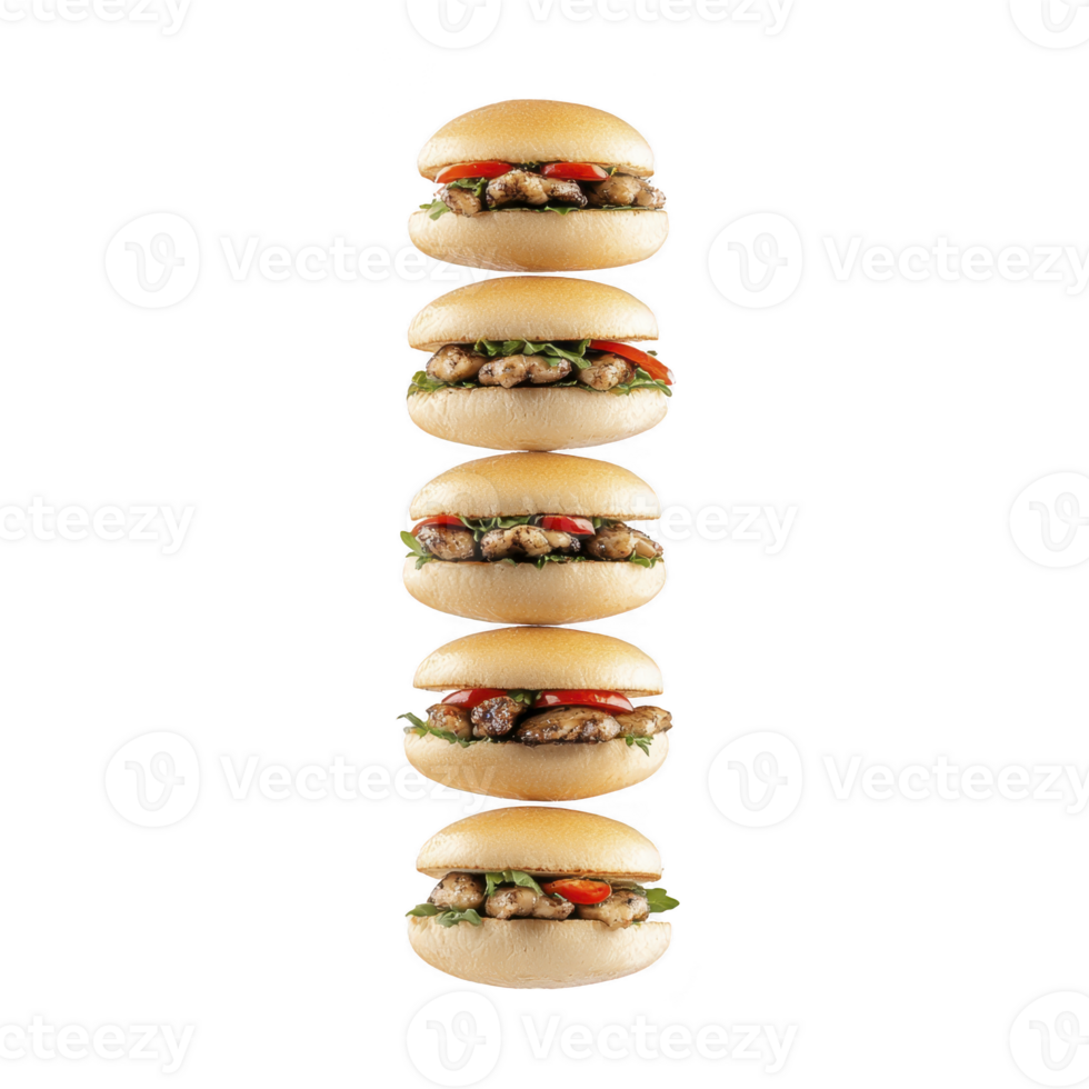 Stack of five delicious chicken burgers with fresh lettuce and tomatoes, isolated on transparency background, showcasing tempting and appetizing presentation png