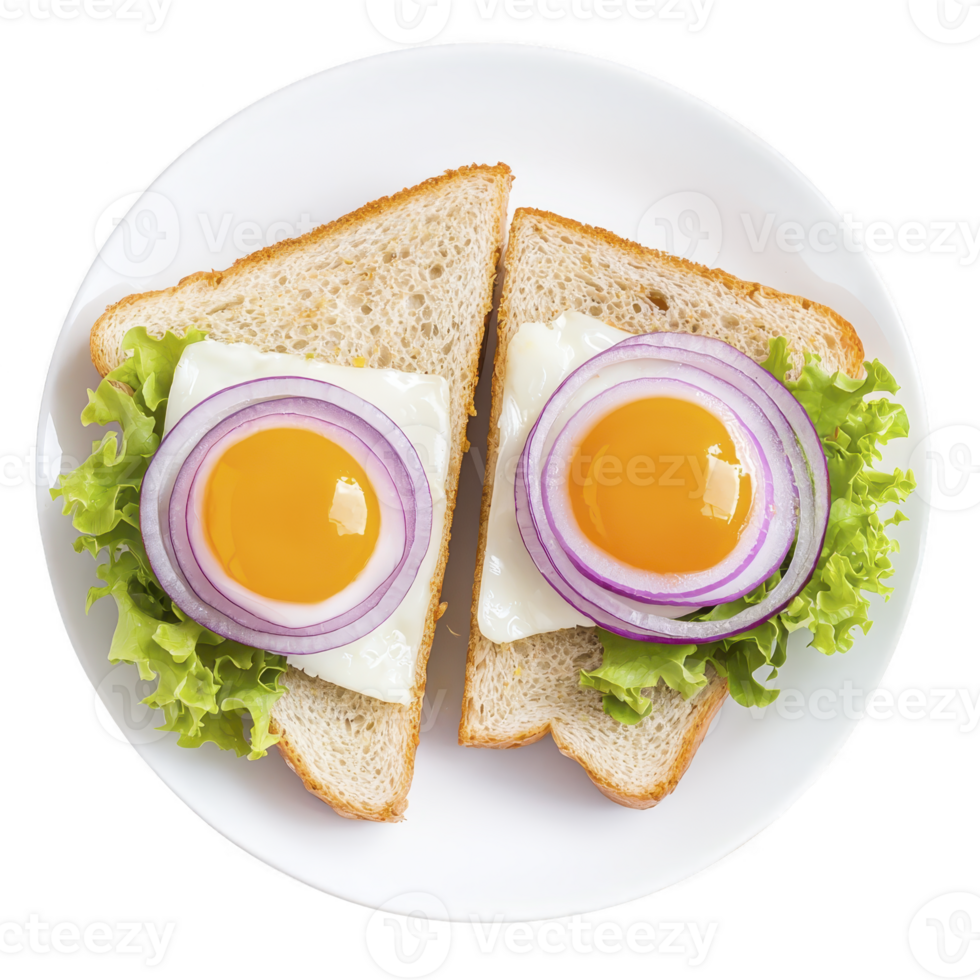 Two slices of whole grain bread topped with sunny side up eggs, red onion rings, and fresh lettuce on white plate create vibrant and appetizing breakfast png