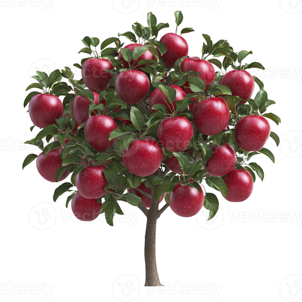 Small apple tree is laden with numerous ripe, red apples, surrounded by lush green leaves. vibrant fruit contrasts with foliage, creating picturesque and abundant scene png