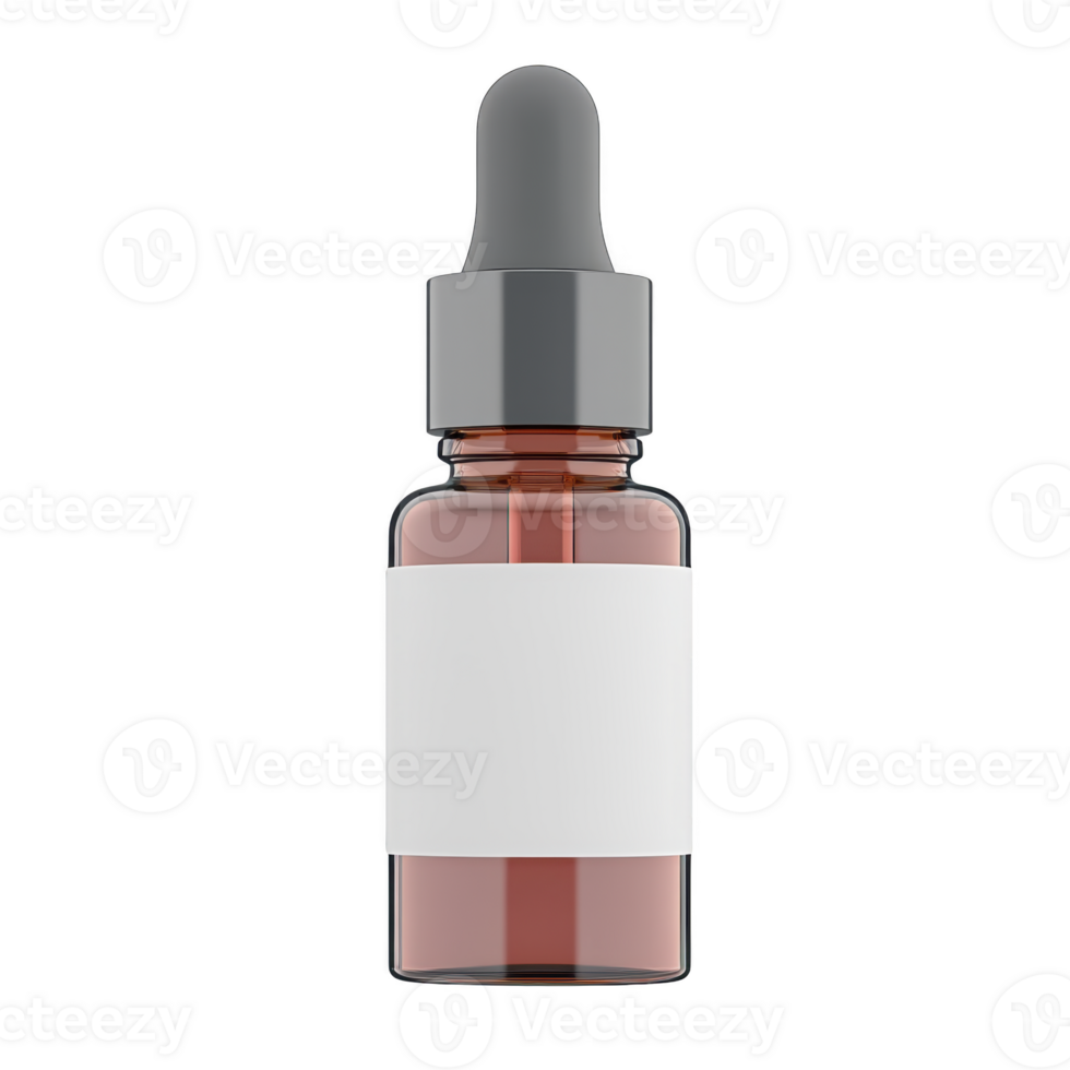 Small amber glass dropper bottle with blank white label and gray rubber top, suitable for essential oils, serums, or cosmetics, isolated on transparency background png