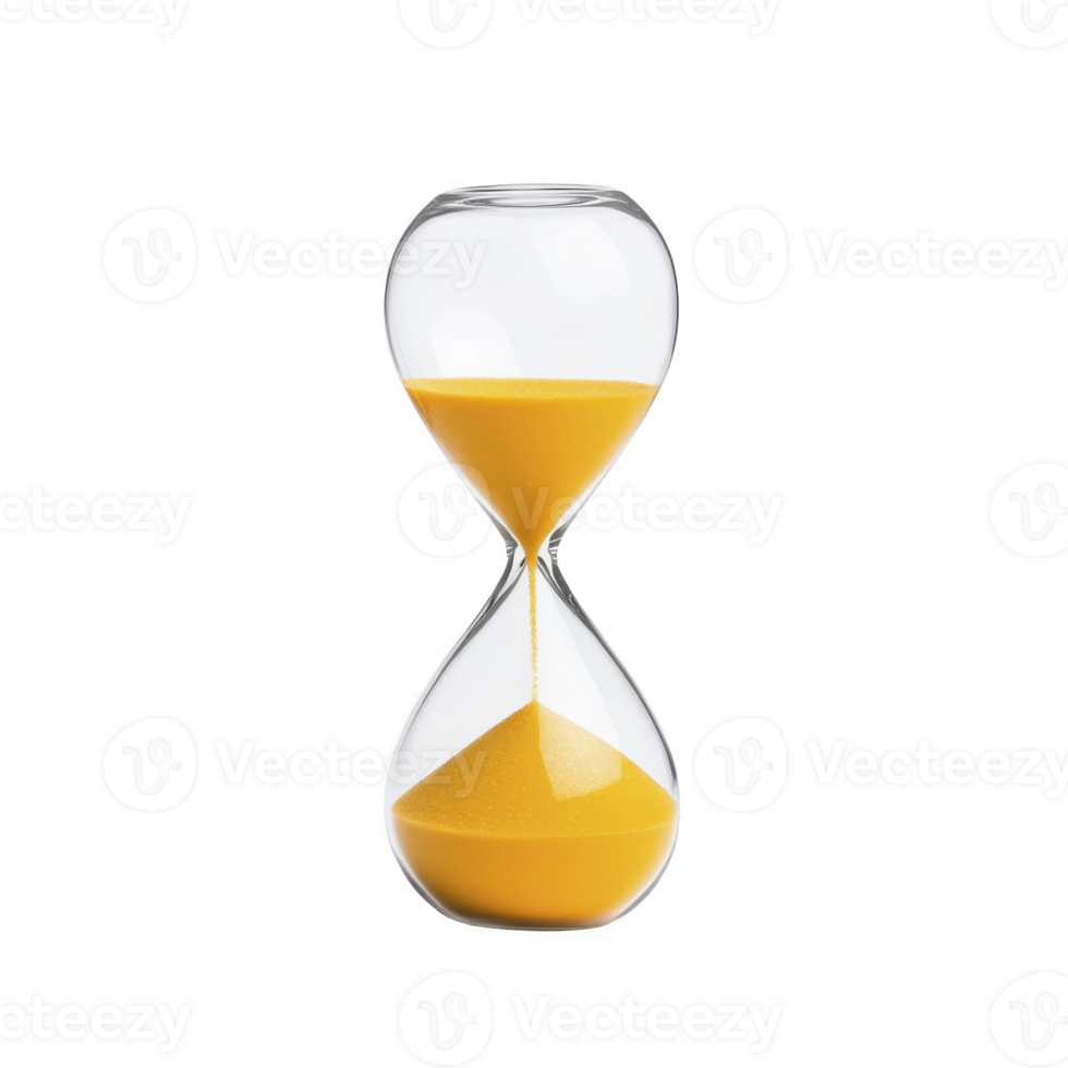 Clear glass hourglass with vibrant yellow sand slowly trickling down, symbolizing passage of time. elegant design and bright color create striking visual contrast png