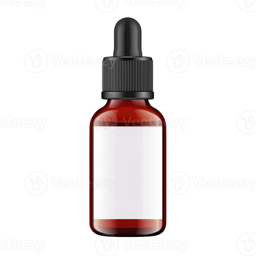Small amber glass dropper bottle with blank white label and black cap, ideal for essential oils or serums, isolated on transparency background png