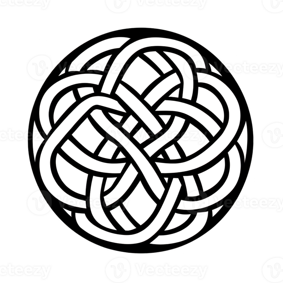 Circular Celtic knot design with intricate interwoven patterns, symbolizing eternity and interconnectedness. black lines create striking contrast against transparency background png