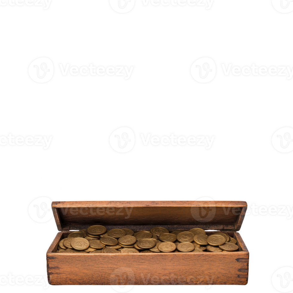 Open wooden treasure chest filled with gold coins, symbolizing wealth and adventure. rustic box is crafted from aged wood, adding vintage charm to scene png