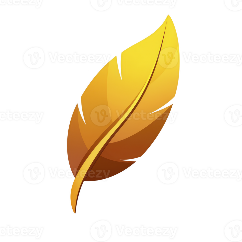 Golden feather with smooth gradient design, symbolizing elegance and creativity, is depicted against transparent background. feather sleek curves and vibrant color convey sense of lightness png