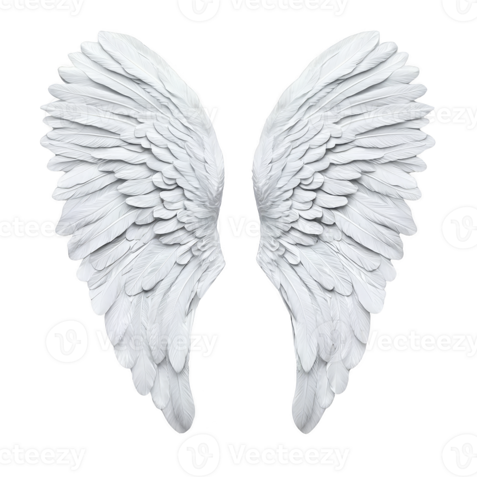 White angel wings with detailed feathers, symbolizing purity and freedom, isolated on transparency background. wings are symmetrical and evoke sense of grace and spirituality png