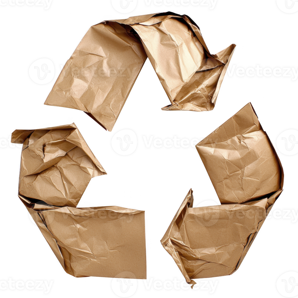 Recycling symbol made from crumpled brown paper, representing eco friendly practices and sustainability. textured paper adds rustic and natural feel to design png