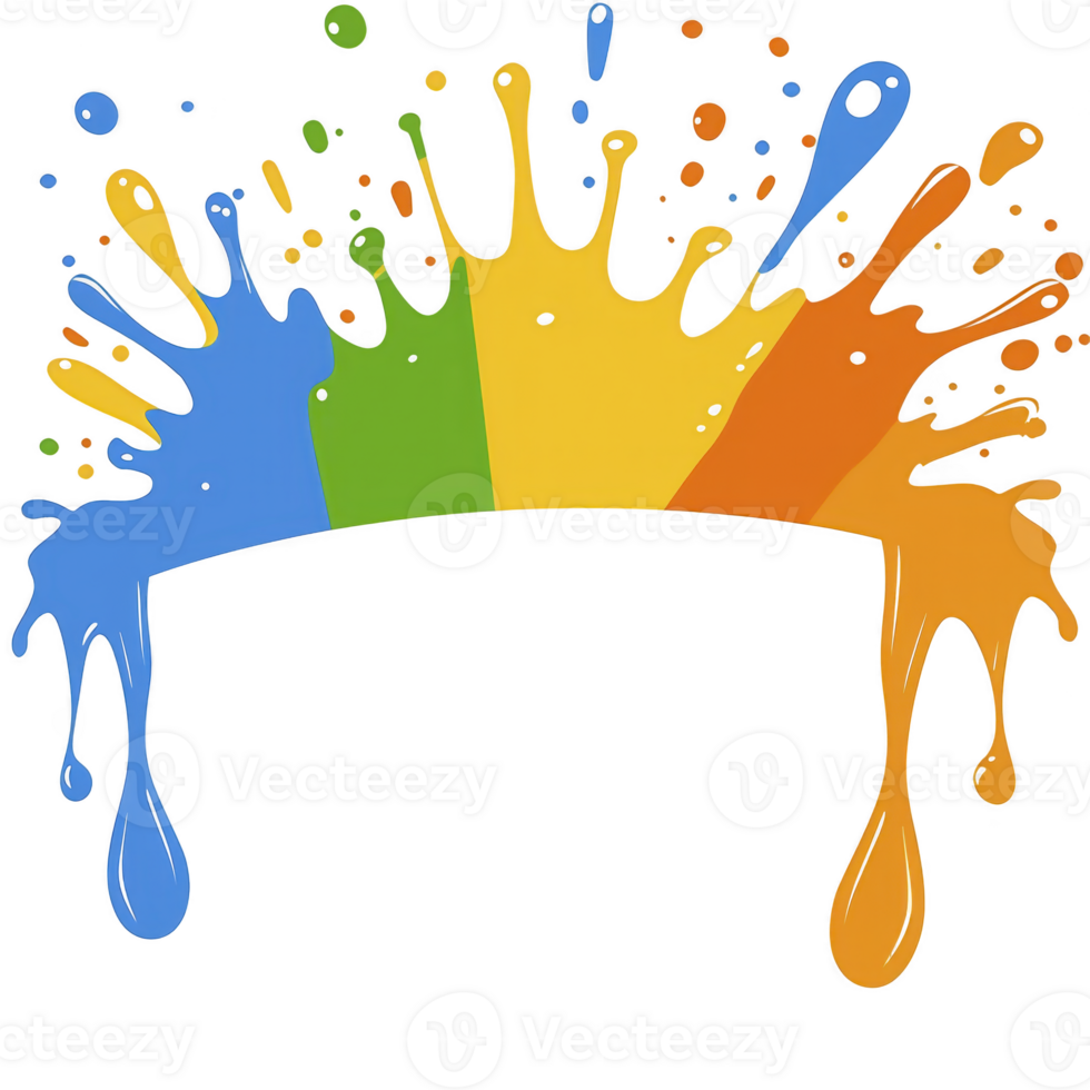 Colorful paint splashes in blue, green, yellow, and orange create vibrant, artistic design with dynamic, creative feel. splatters form arch, suggesting movement and energy png
