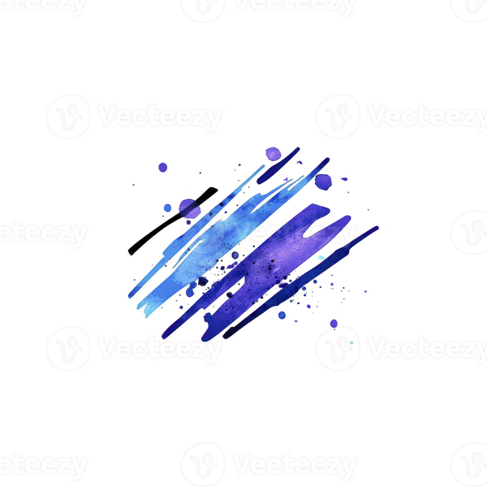 Vibrant abstract watercolor splash in shades of blue and purple with scattered droplets creates dynamic and artistic effect png
