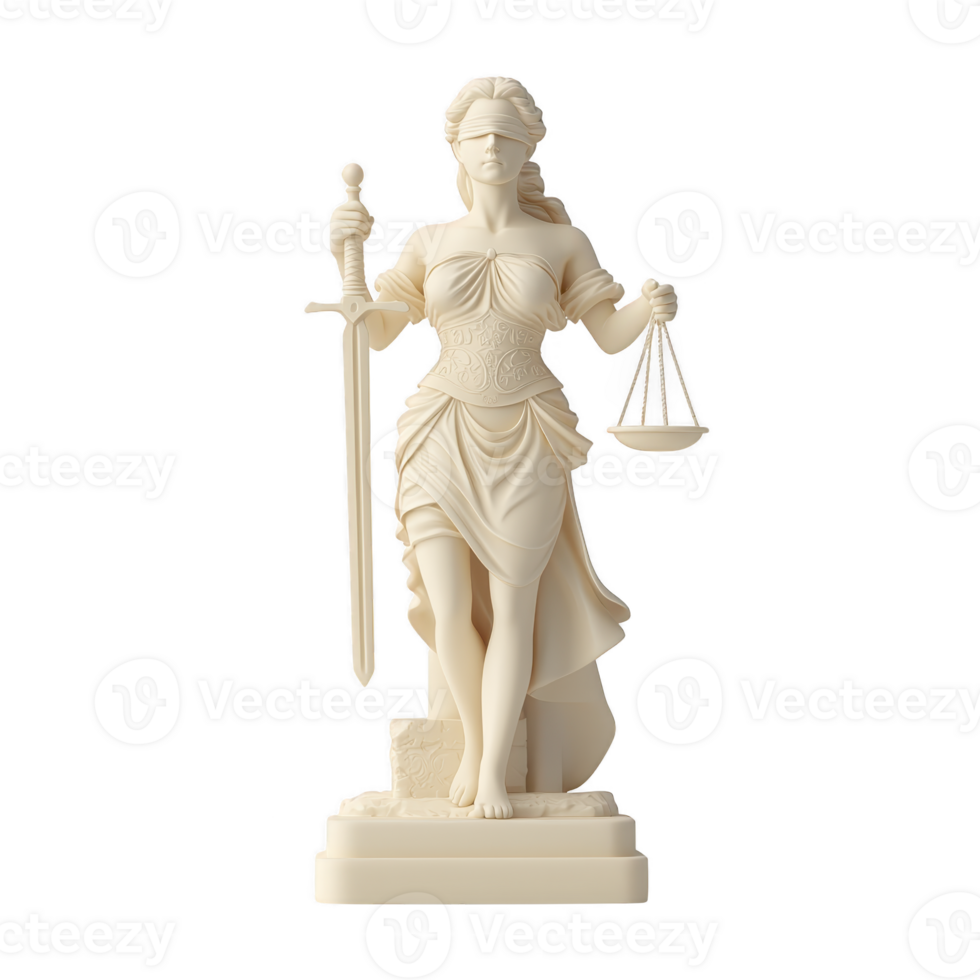 Blindfolded statue of Lady Justice stands holding sword and scales, symbolizing fairness and impartiality. elegant sculpture is crafted in classical style, evoking sense of authority png