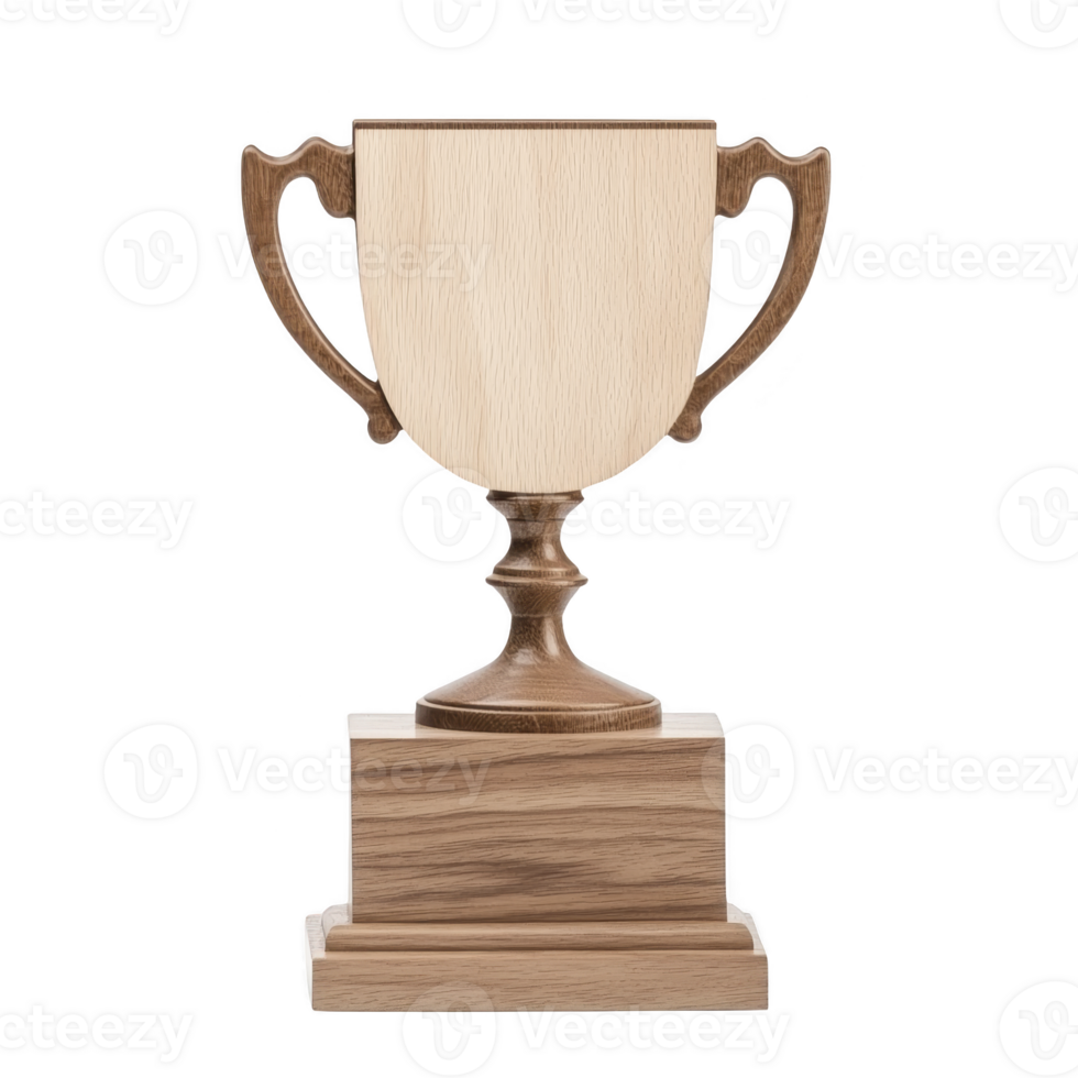 Wooden trophy with classic design, featuring smooth finish and elegant handles, stands on sturdy base, symbolizing achievement and excellence png