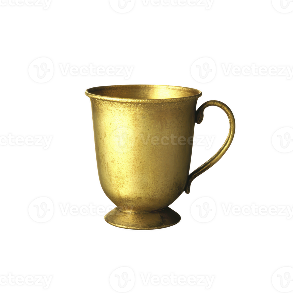 Golden cup with handle, featuring shiny and reflective surface, stands elegantly against plain background. cup metallic texture and warm hue evoke sense of luxury and sophistication png