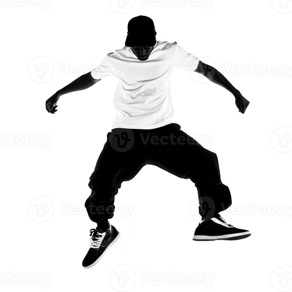 Silhouette of person in dynamic dance pose, wearing white t shirt and black pants, conveys energy and movement. figure appears to be mid jump, showcasing street dance style png