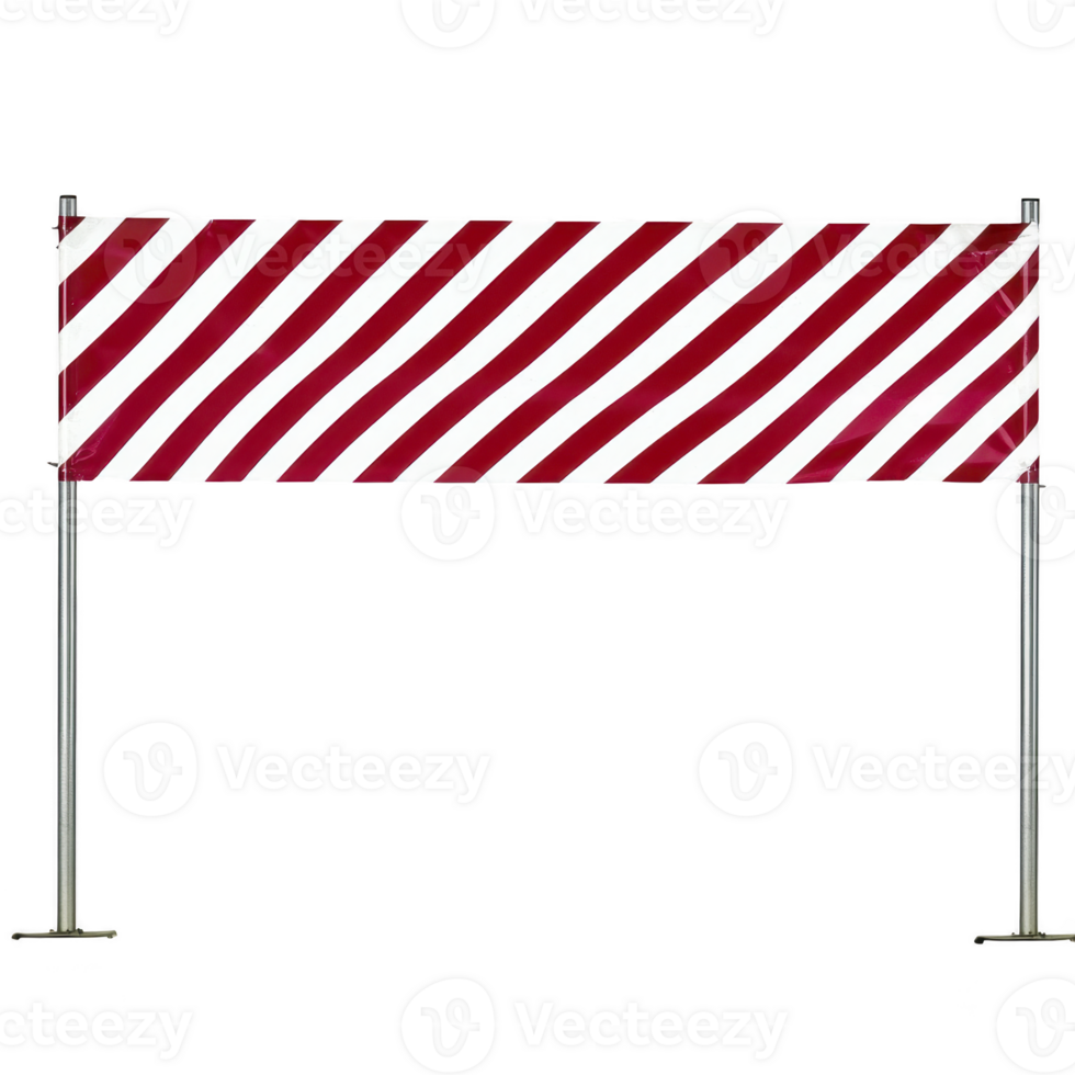 Red and white striped barrier stands on metal poles, often used for construction or safety purposes. diagonal stripes create clear visual warning, emphasizing caution png
