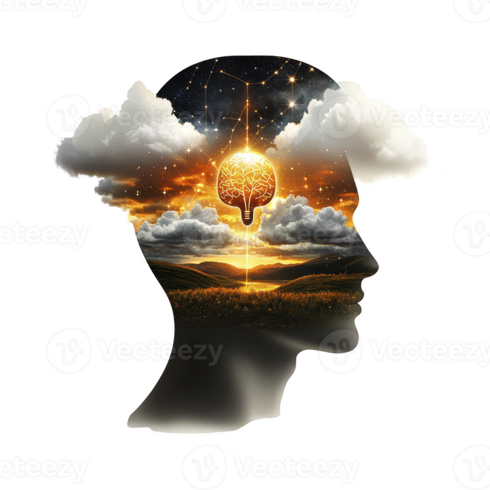 Silhouette of human head filled with glowing brain and clouds, symbolizing creativity and imagination. scene includes sunset over landscape, blending nature and thought png