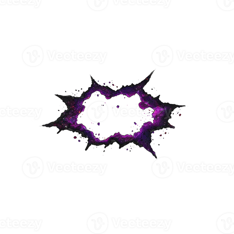 Vibrant, abstract purple and black cosmic explosion with jagged edges and glowing center, set against transparent background png