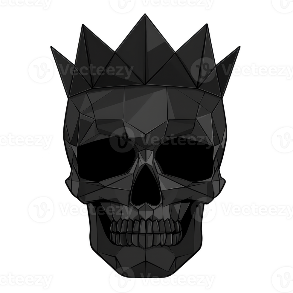 Geometric black skull with crown, featuring sharp angles and modern design, evokes sense of mystery and power. dark tones and faceted surfaces create striking visual impact png