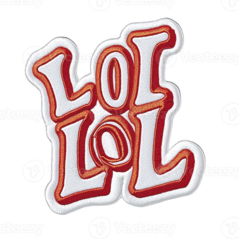 Colorful embroidered patch features text LOL in bold, playful letters with red and white color scheme, conveying sense of humor and fun png