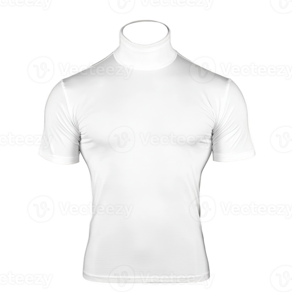 Plain white turtleneck T shirt with short sleeves is displayed against transparency background, showcasing its simple and classic design. shirt is fitted, highlighting its sleek and modern style png