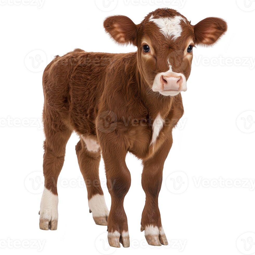 Cute brown and white calf stands on transparency background, showcasing its soft fur and curious expression. young cow ears are perked up, adding to its adorable appearance png