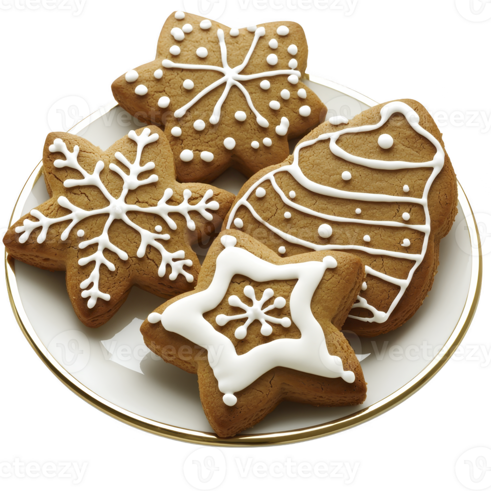 Plate of festive gingerbread cookies decorated with intricate white icing designs, including snowflakes and stars, evokes warm holiday spirit png