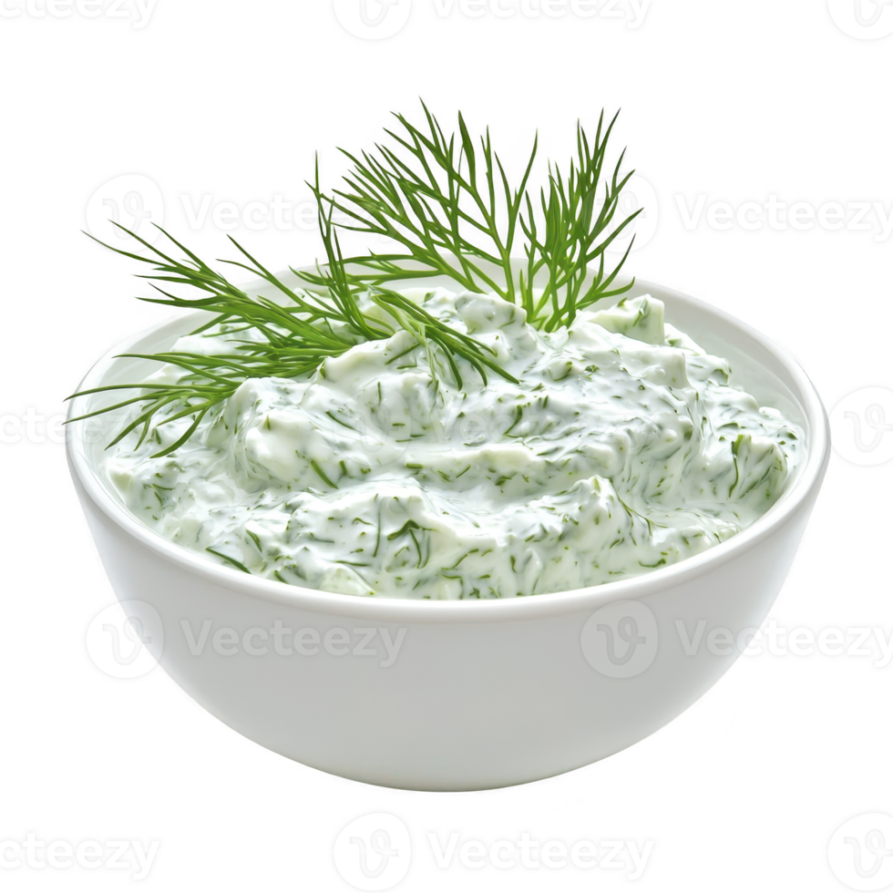 Bowl of creamy dill dip garnished with fresh dill sprigs, perfect for adding flavor to snacks and appetizers. white bowl contrasts with green herbs, creating appetizing presentation png