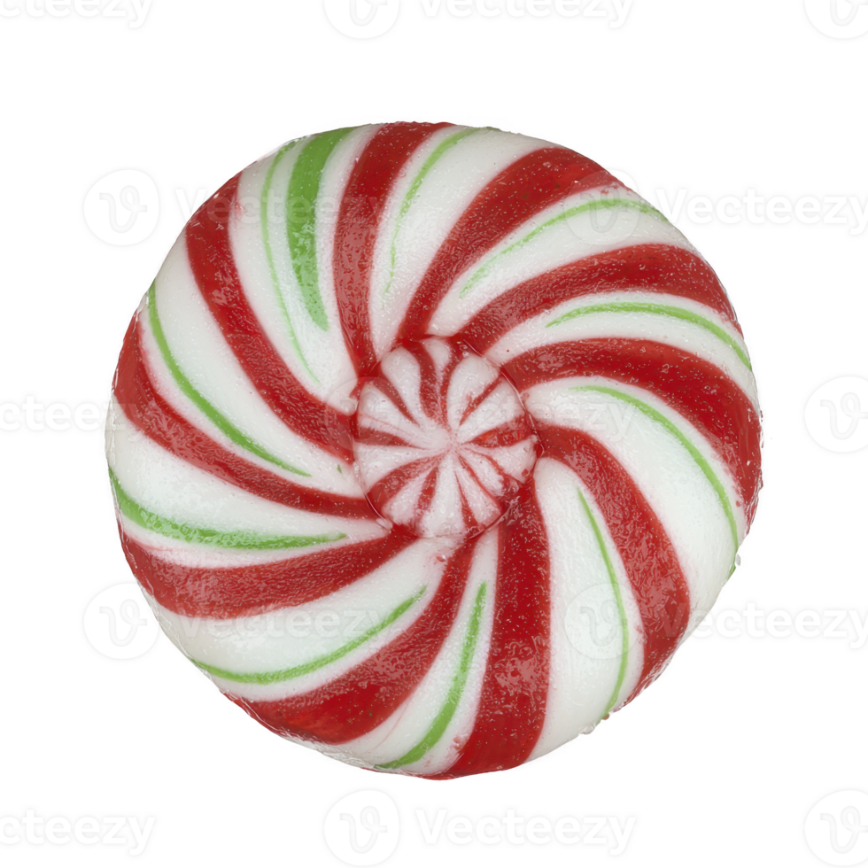 Round peppermint candy with red, white, and green swirls creates festive and sweet appearance, perfect for holiday treats or decorations png