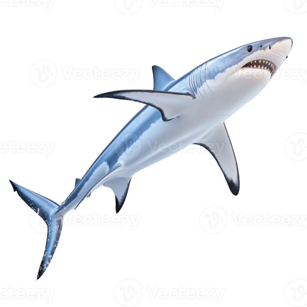 Realistic illustration of great white shark swimming in dynamic pose, showcasing its powerful body and sharp teeth. shark sleek, streamlined form is highlighted against plain background png