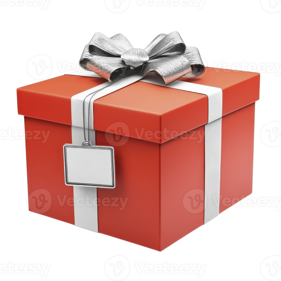 Vibrant red gift box with shiny silver bow and blank tag, perfect for festive occasions and celebrations. box is elegantly wrapped with white ribbon, adding touch of sophistication png