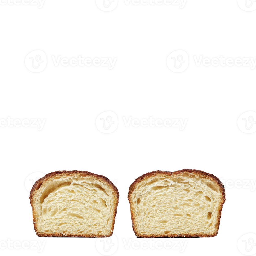 Two slices of freshly baked bread with golden crust and soft, airy interior are displayed against plain background. texture looks inviting and perfect for sandwiches png