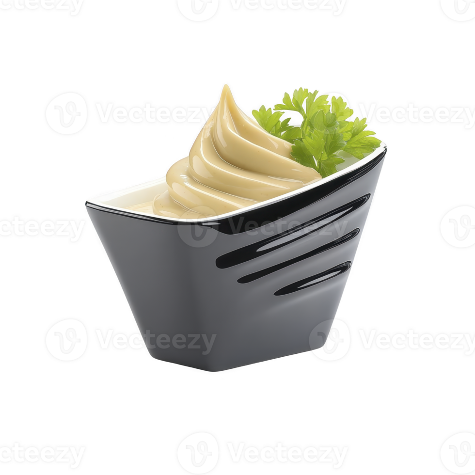 Swirl of creamy mayonnaise in sleek black container garnished with fresh parsley, creating elegant presentation png