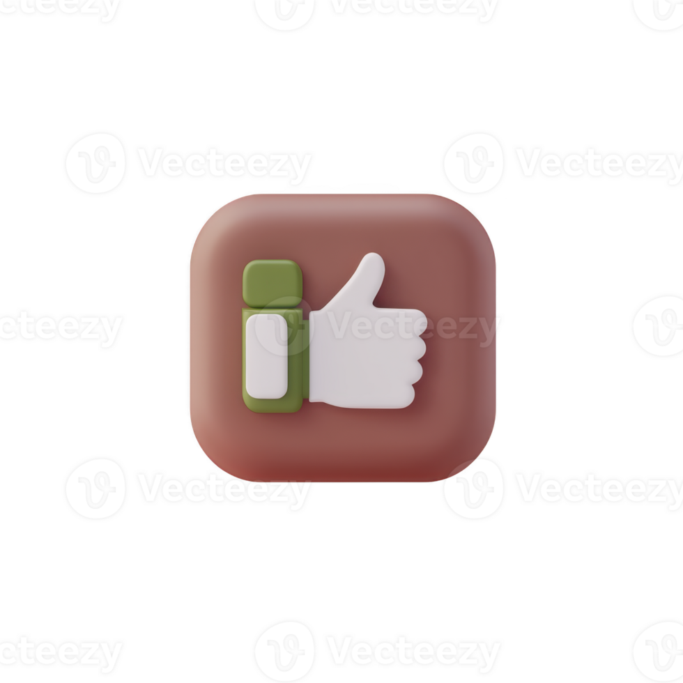 3D icon featuring thumbs up symbol on rounded square background, conveying approval or positivity. icon has minimalist design with brown and green color scheme png