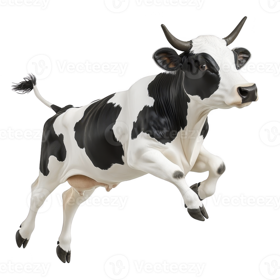 Black and white cow is joyfully leaping in mid air, showcasing its playful nature. cow distinctive markings and dynamic pose create lively and whimsical scene png