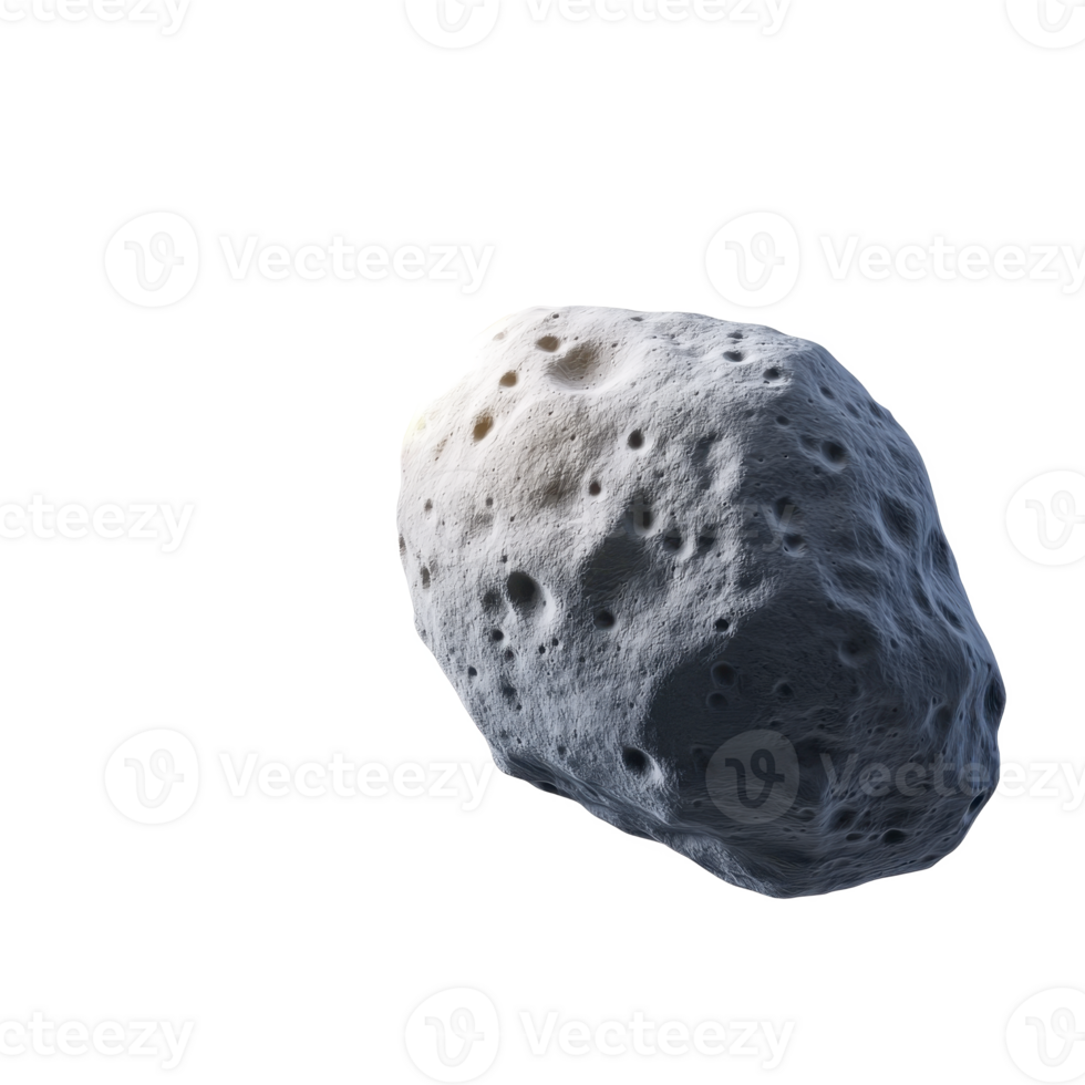 Textured asteroid with craters and rough surface, floating in space against transparency background, showcasing its irregular shape and rocky composition png