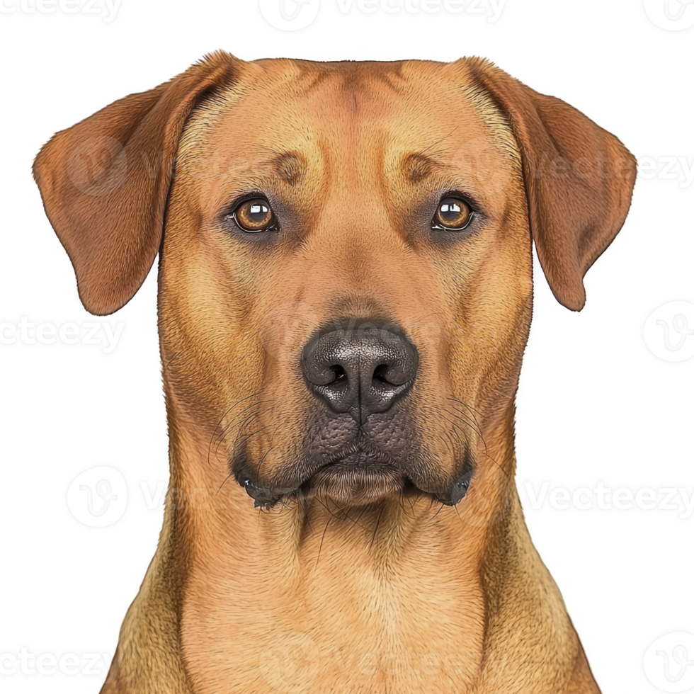 Realistic illustration of brown dog with focused expression, showcasing its detailed fur and attentive eyes. dog ears are perked up, adding to its alert demeanor png