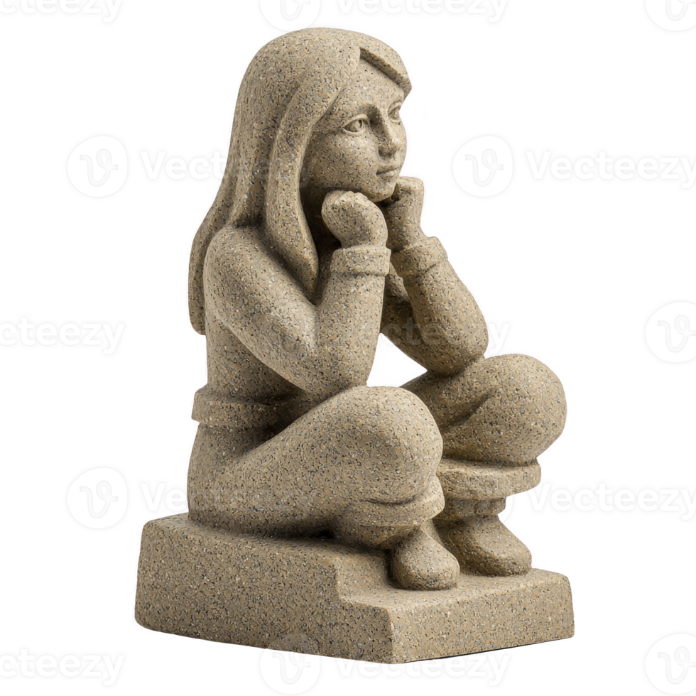 Contemplative stone sculpture of seated woman with long hair, resting her chin on her hands, exudes sense of calm and introspection. textured surface adds depth to piece png