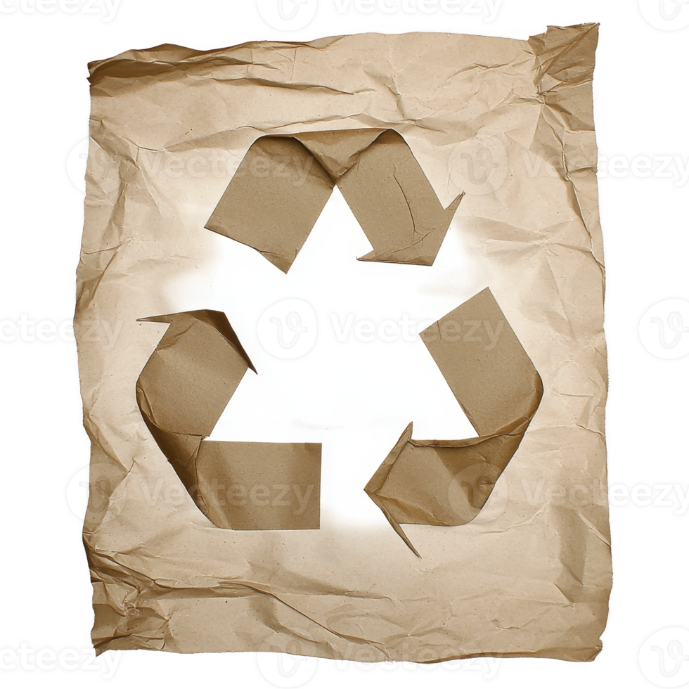 Crumpled brown paper with cut out recycling symbol in center, symbolizing sustainability and eco friendly practices. paper texture adds rustic feel png