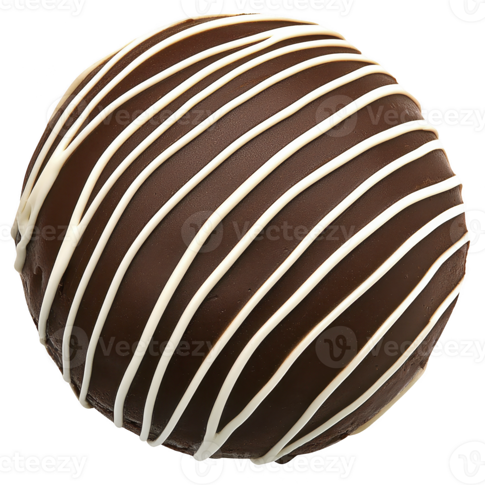 Round chocolate dessert with white icing drizzled on top, creating elegant pattern. rich, glossy chocolate contrasts with delicate white lines, making it visually appealing png