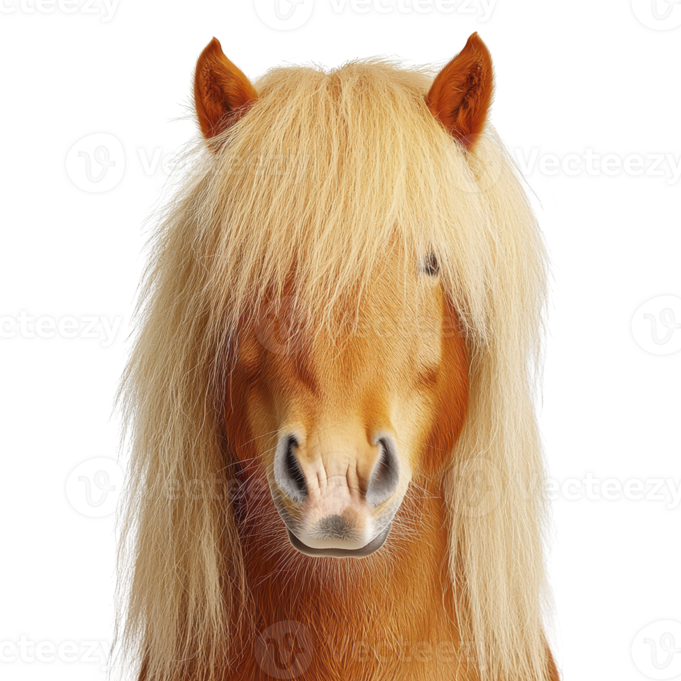 Cute pony with long, flowing blonde mane stands against transparency background, showcasing its gentle and friendly expression png