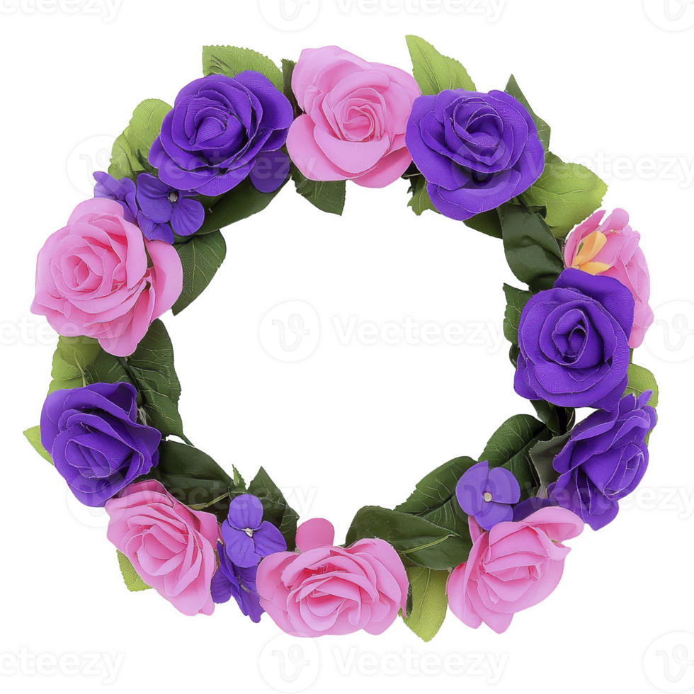 Vibrant floral wreath composed of pink and purple roses, accented with green leaves, creating cheerful and decorative arrangement png