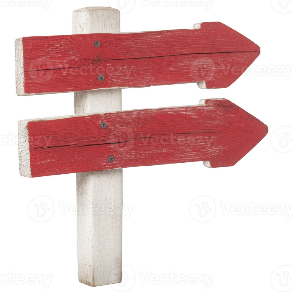 rustic wooden signpost with two red arrows pointing in opposite directions, evoking sense of adventure and choice. weathered texture adds vintage charm png