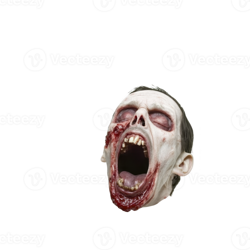 terrifying zombie head with open mouth and decayed skin, showing gruesome details and haunting expression. image evokes horror and fear, perfect for Halloween themes png