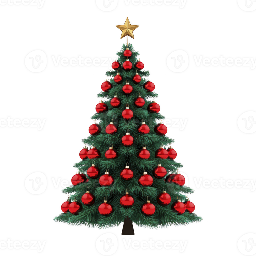 beautifully decorated Christmas tree with red ornaments and golden star on top, symbolizing festive cheer and holiday spirit. evergreen tree is adorned with shiny baubles png