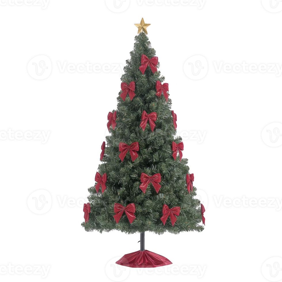 beautifully decorated Christmas tree adorned with vibrant red bows and topped with golden star, creating festive and joyful atmosphere png