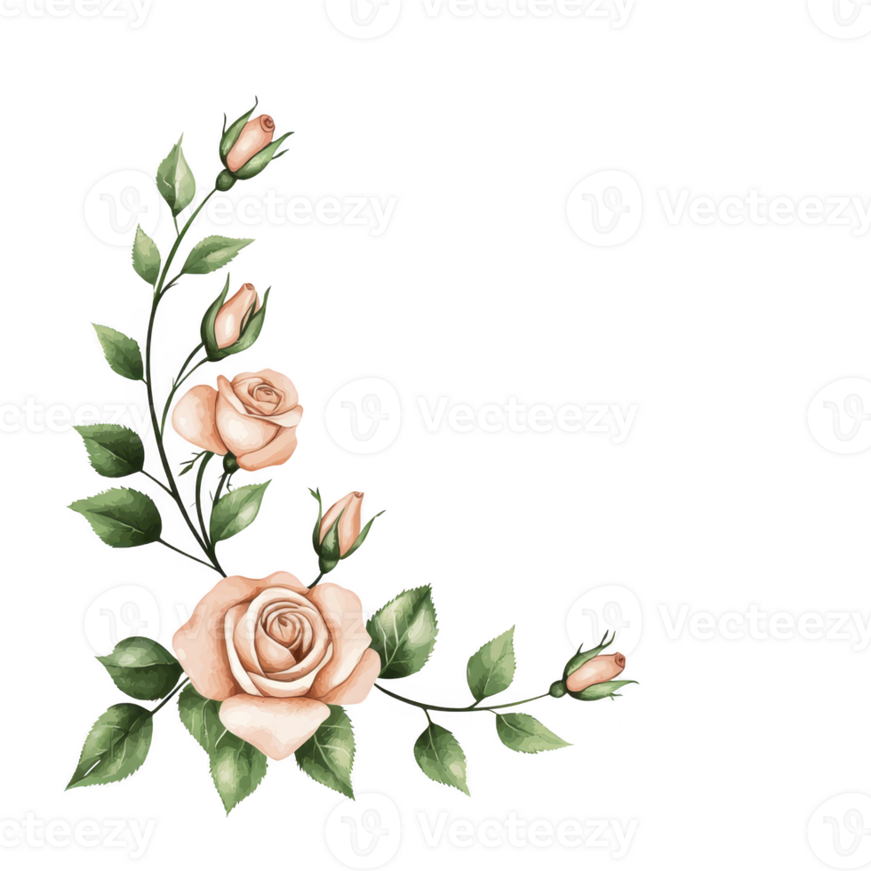 Rose corner design with delicate pink roses and green leaves, perfect for elegant invitations or decorative borders. floral arrangement adds touch of romance and sophistication png