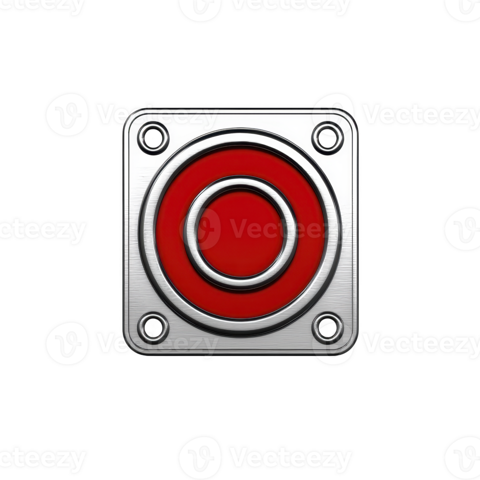 metallic square button with red circular center, featuring sleek design and four screws at corners, evokes sense of urgency or alert png