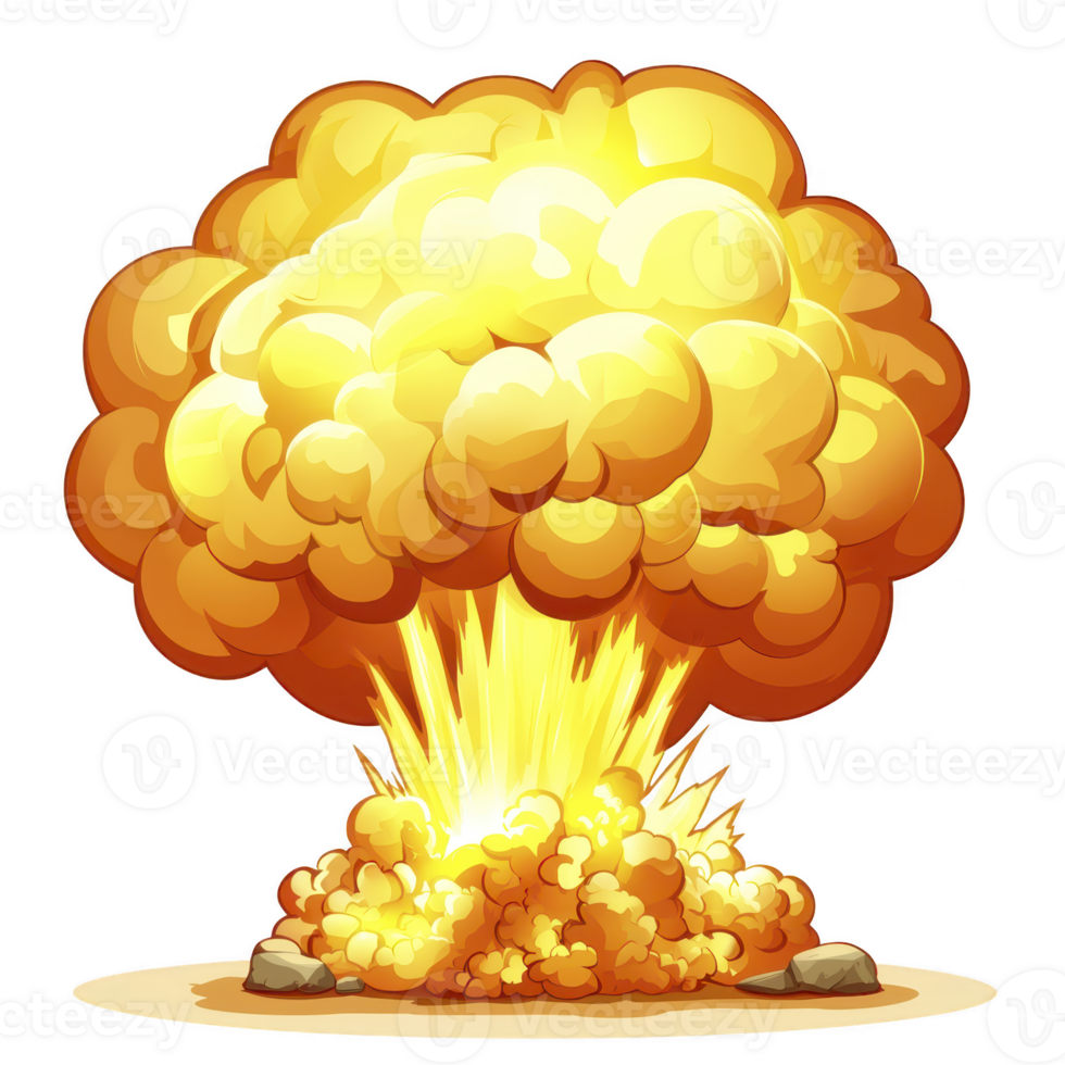 vibrant explosion with large, fiery mushroom cloud dominates scene, showcasing dynamic energy and intense colors. illustration captures dramatic impact and power of blast png