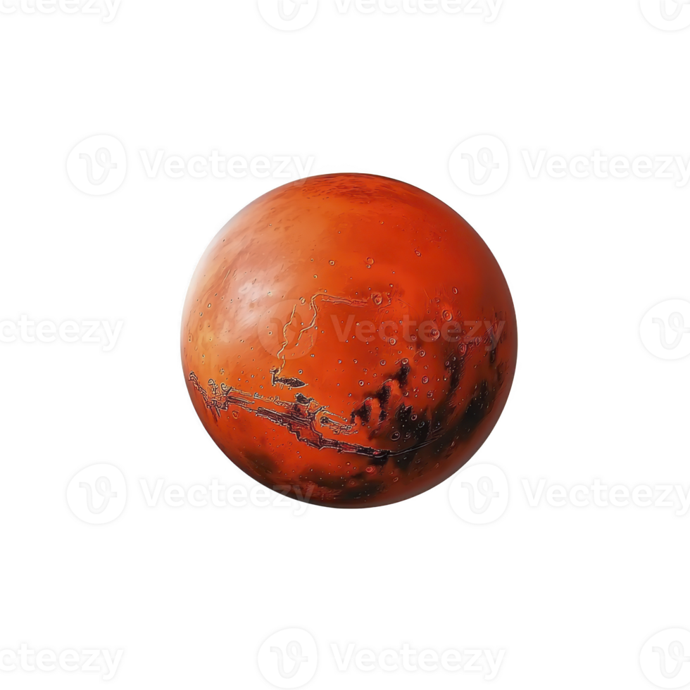 vibrant, detailed illustration of red planet, resembling Mars, with visible surface features and textures. image captures planet distinct reddish hue and intriguing surface patterns png